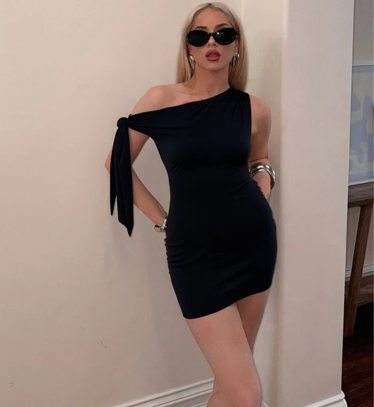 Talenza Schwarz Eine Schulter Mini Kleid Mode Heiße Mädchen Sexy Ärmellose Patchwork Bandage Kurze Kleider Frauen Neue Enge Kleider