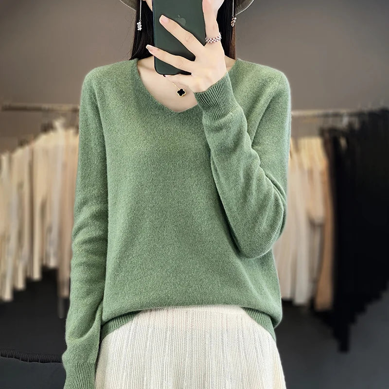 Frauen 100% Merinowolle Pullover V-Ausschnitt Basic Pullover Herbst Winter Kaschmir Kleidung Langarm weiche Strickwaren Tops einfarbig