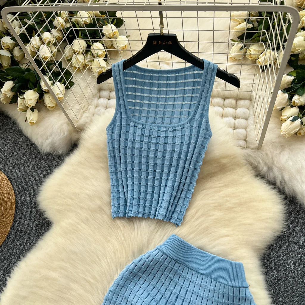 Sommer Frauen Mode Rock Set sexy ärmellose Tanktops hohe Taille schlanke lange Saya weibliche zweiteilige Anzüge stricken feste Kleidung
