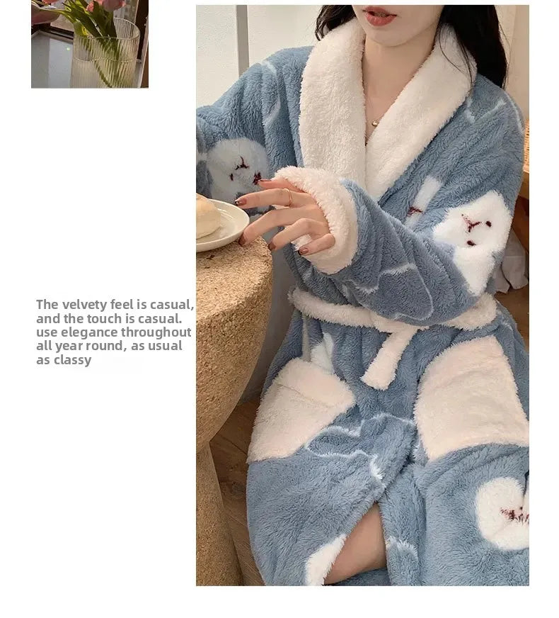 Verdickte Korallen Fleece Robe frauen V-ausschnitt Gürtel Langarm Mid-länge Süße Stil Warme Hause Kleidung Winter Saison