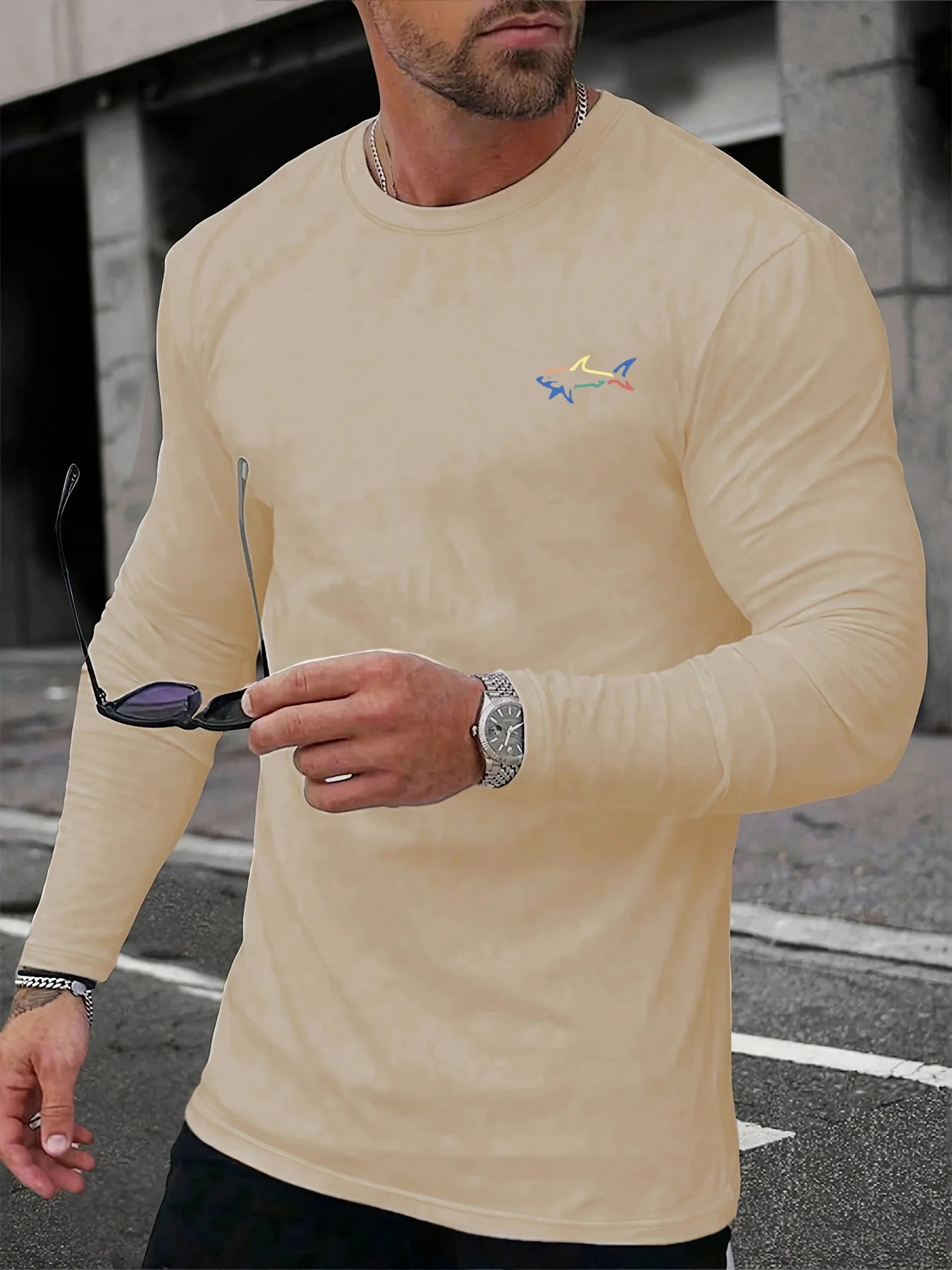 Men's Spring and Autumn 100% Cotton Comfortable Casual Shark Pattern Printed Round Neck Long Sleeve T-shirt Top