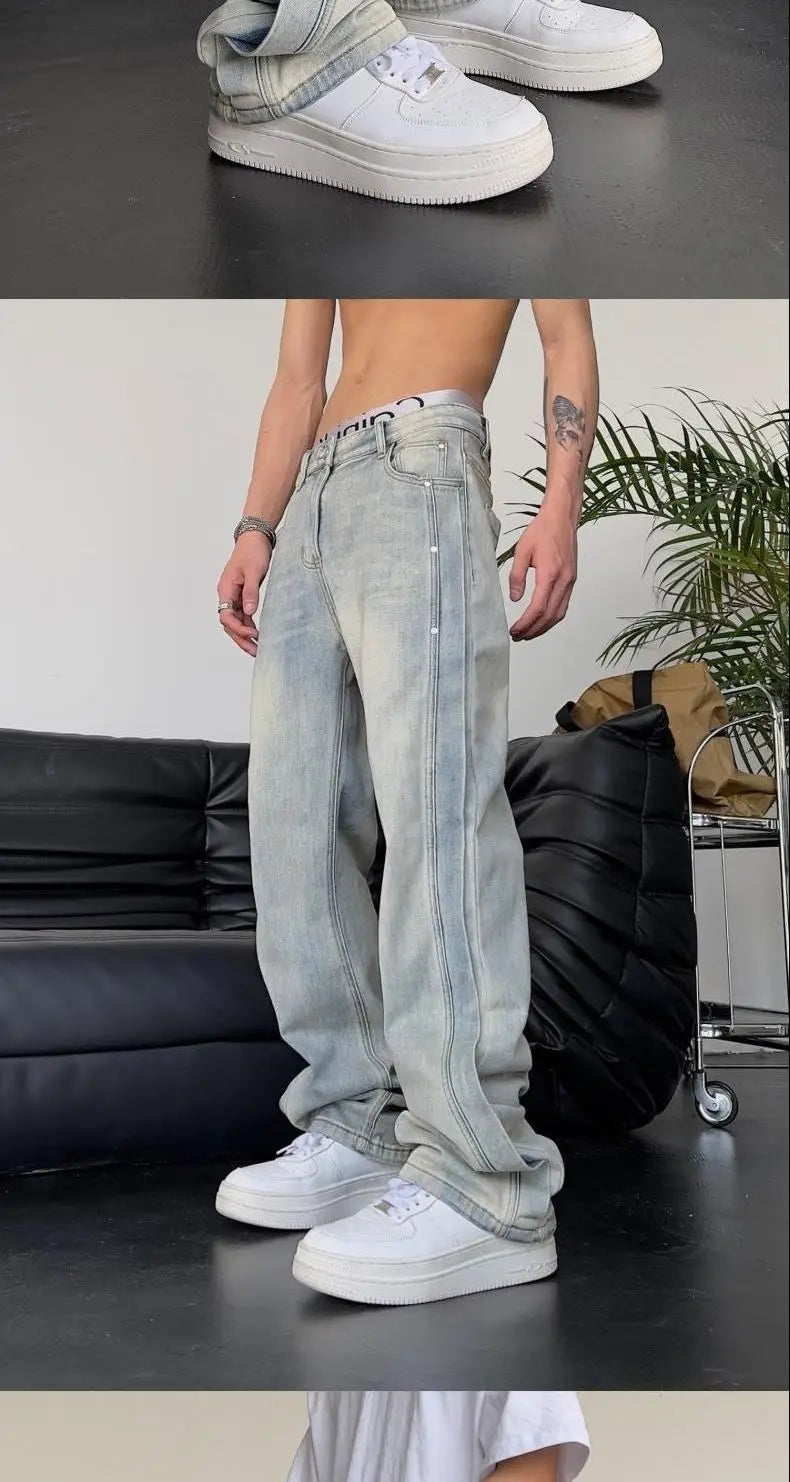 Jeans für Herren, locker, hellblau, Baggy, gerade, Cowboy-Hose, Punk, gespleißt, Y2k, Vintage-Hose, 2025, koreanischer Herbst-Trend, Baumwolle