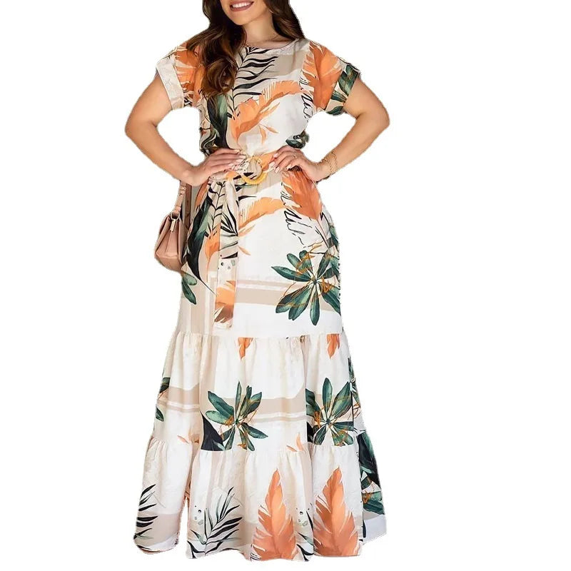Hohe Taille Floral Blume Gedruckt Casual Fashion Lose Frauen Lange Maxi Kleid Kurzarm Gürtel Kleid