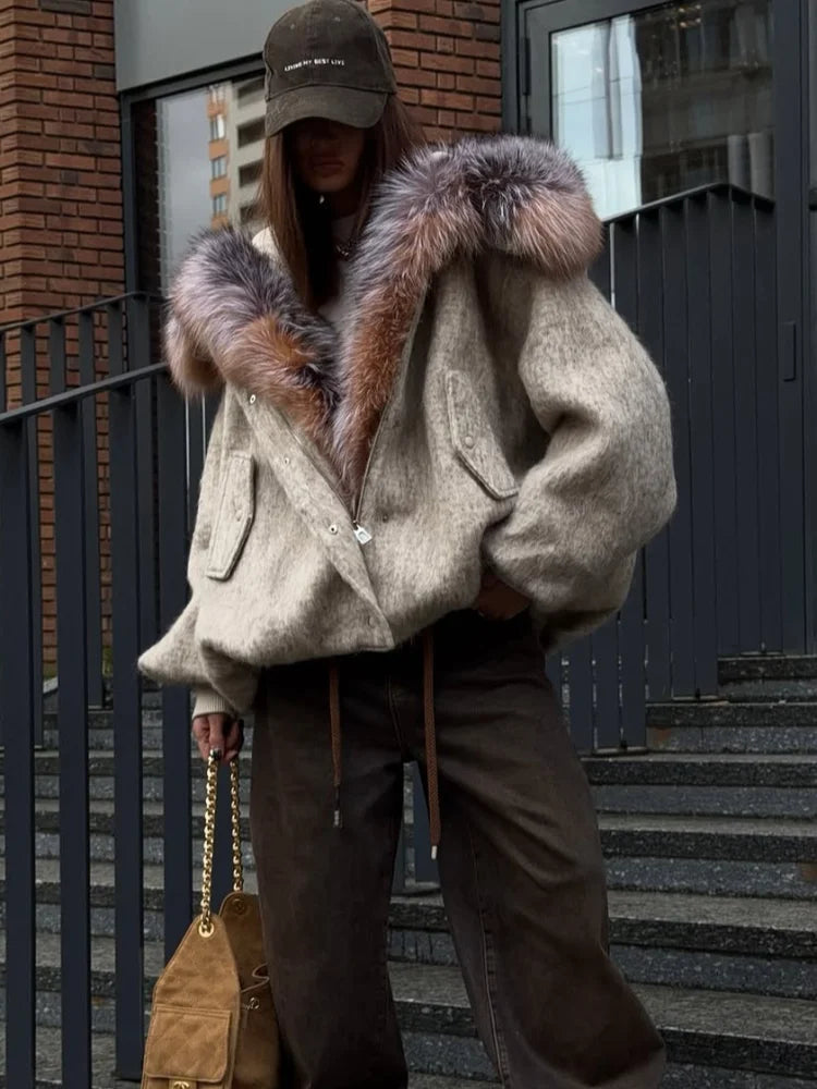 Gefärbter Pelzkragen, kurze Wolljacke für Damen, modisch, Revers, volle Ärmel, einreihig, Patchwork, lose Jacken, 2025, Winter-Outwear