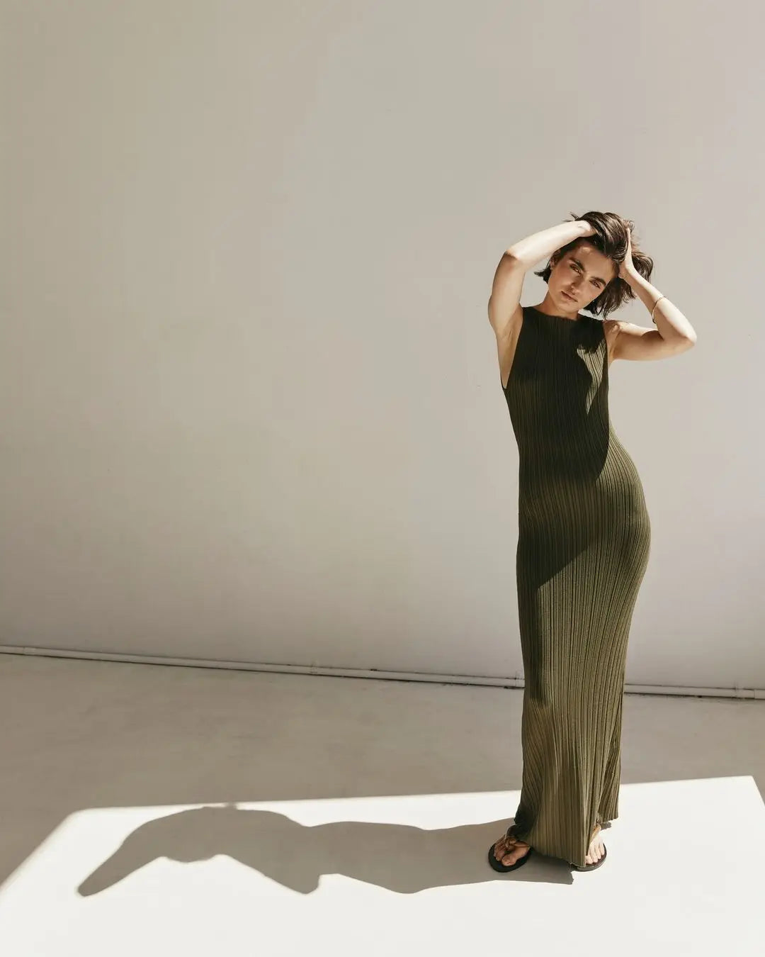 Baumwolle Gestrickte Streifen Kleider Für Frauen Einfarbig Ärmel O Neck Damen Party Langes Kleid 2025, Neue Casual Pendeln Vestidos