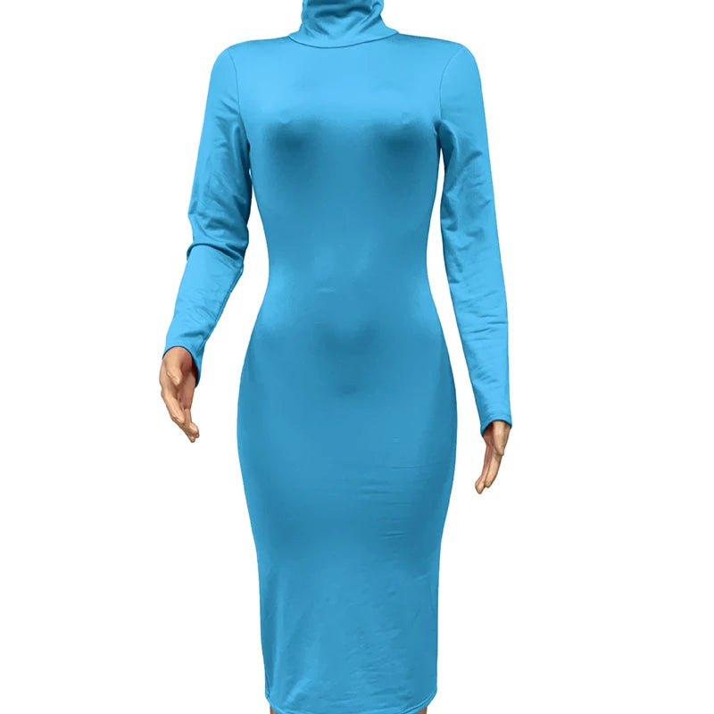 Winter Schwarz Rollkragen Sexy Frauen Kleid Herbst Langarm Dünne Midi Boydcon Casual Blau Plüsch Knie-Länge Party