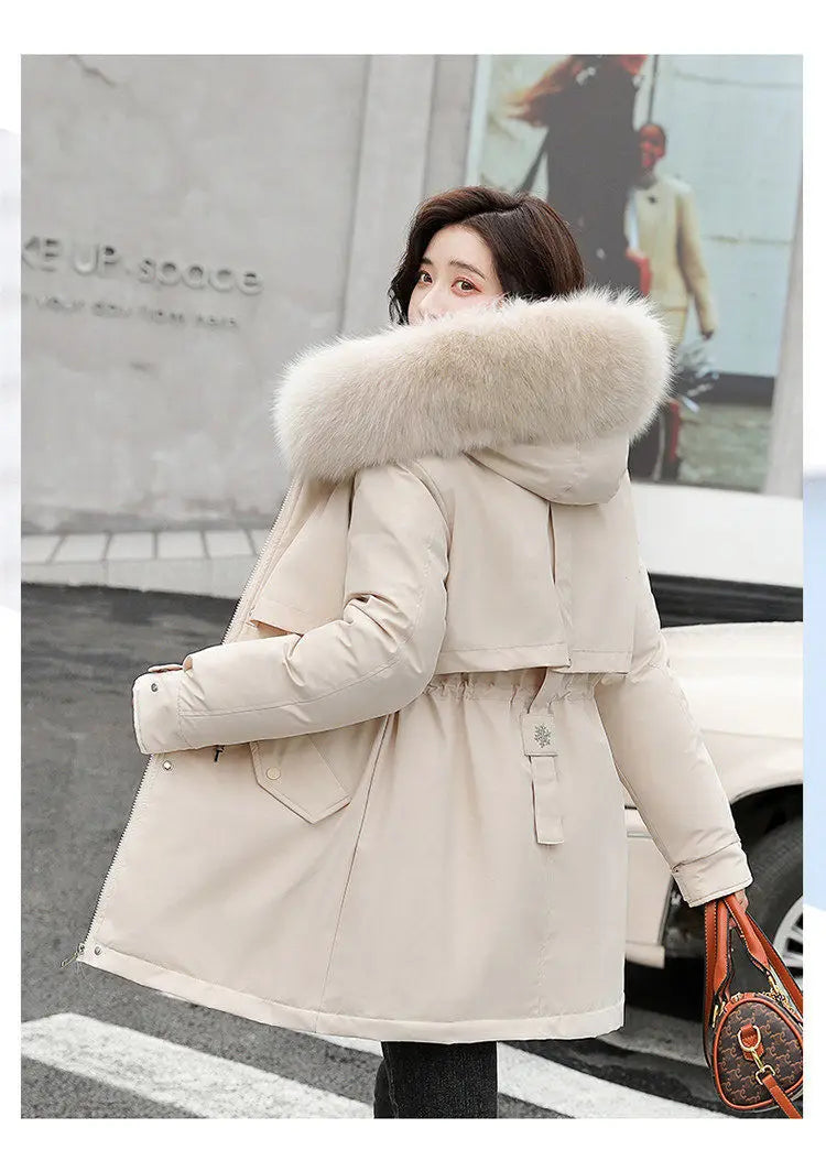 Frühling Parkas Frauen Mäntel Mittlere Länge Mantel Dicke Warme Mit Kapuze Kordelzug Jacken Splice Zipper Enge Taille Jacke Herbst Winter