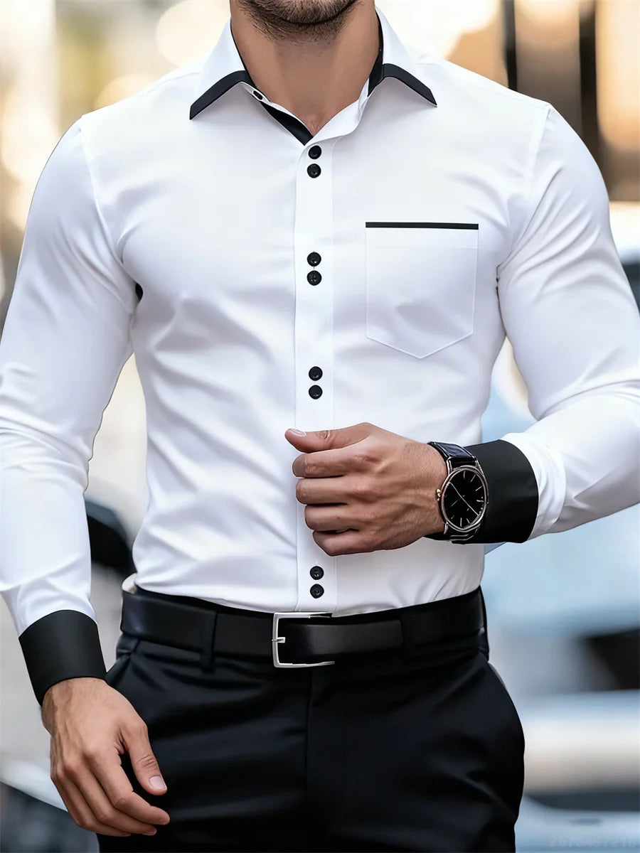Herren-Business-Langarmhemd mit Farbblockkragen, schmale Passform, knitterfrei, schwarz-weißes Patchwork-Hemd, modisches Herrenoberteil