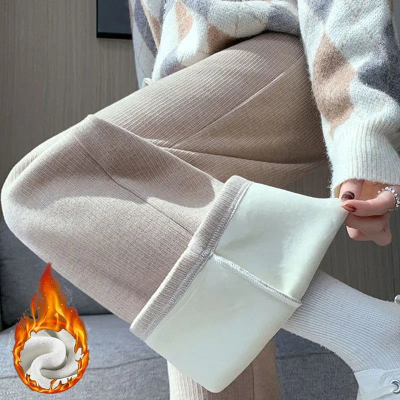 Winter Girls Snow Warm High Waisted Thermal Pants Women Fashion Straight Leg Plush Trousers Lady Thin Fleece Daily Pants