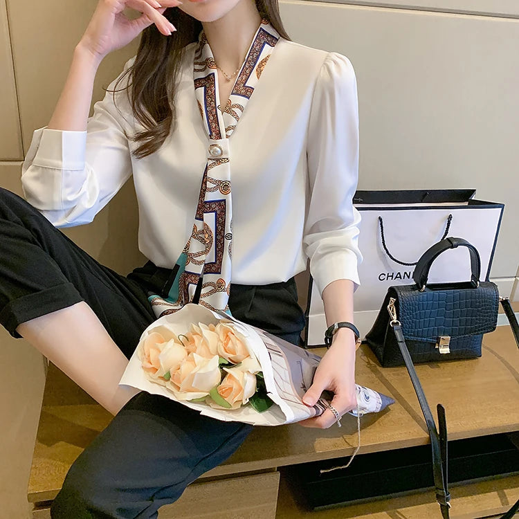 H Han Königin Frühling Chiffon Einfache Büro Dame Bluse Weibliches Hemd Bogen Tops Langarm Casual Koreanische OL Lose Blusen Frauen