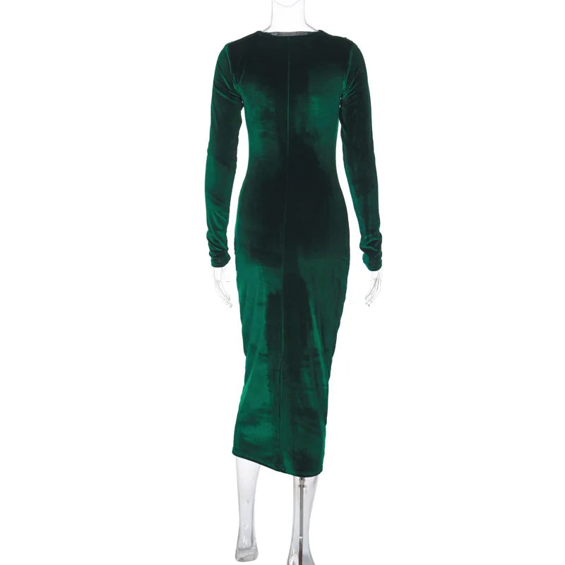 Dulzura 2024 Frühling Sommer Samt Langarm Midi Kleid Für Frauen Geraffte Lange Kleid Elegante Party Kleidung Abend Grün Outfits