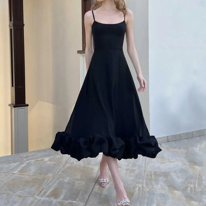 Elegante Rüschen solide Schlinge langes Kleid Frauen Riemen Taille Party Kleider Mode ärmellose rücken freie Strands chaukel Rock A-Linie Tutu