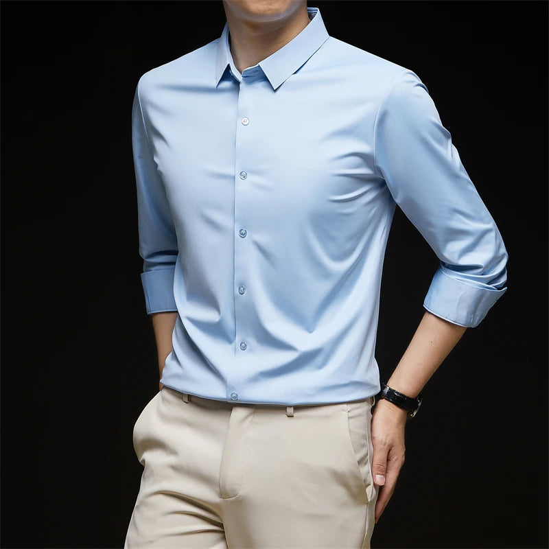 Neues, langärmliges, einfarbiges Business-Casual-Hemd für Herren, knitterfrei, knitterfrei, bequem, vielseitiges Oberteil für die ganze Saison