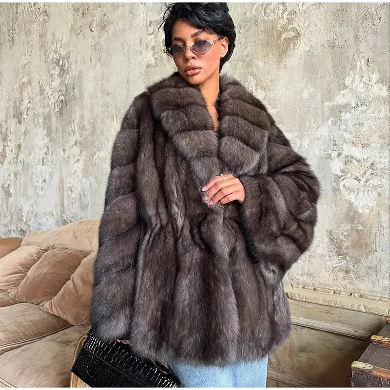 Brauner mittellanger Pelzmantel für Damen, Revers, versteckter Knopf, lockere, elegante Oberbekleidung, 2025, modischer Bürodame, Pendelmantel, Neu