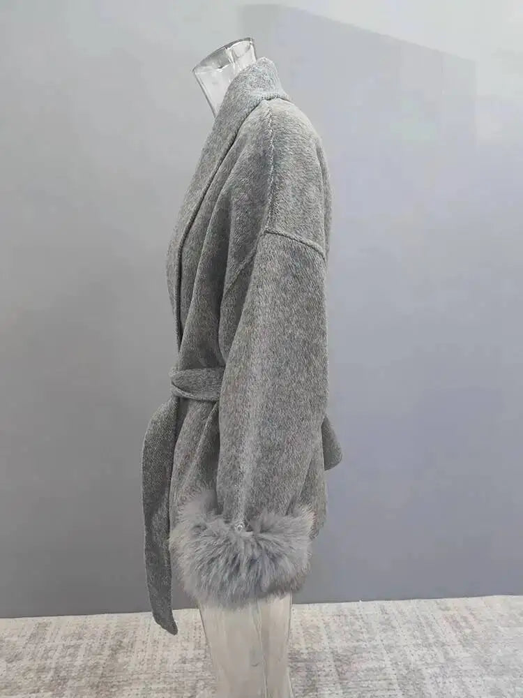 UCXQ Elegant OL Office Lady Overcoats Fur Patchwork Long Sleeve Woolen Coat Beautiful Women's Clothing Jacket Autumn 2025 Winter