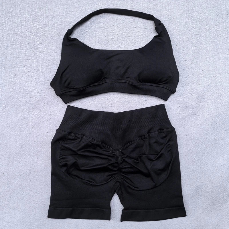 Shorts-Set, 2-teilig, nahtlos, Yoga-Set, Workout-Trainingsanzug, Damen-Halter, Sport-BH und niedrige Taille, Scrunch Bum, Gym-Shorts, Anzüge