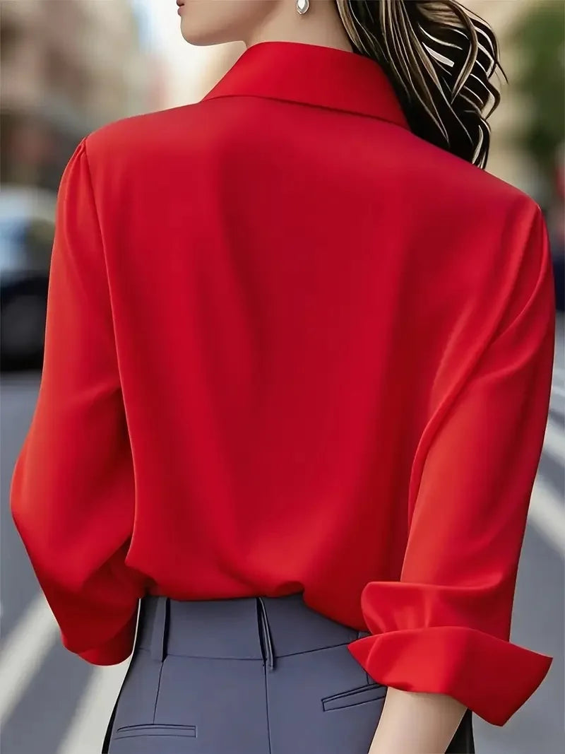 2025 Neues Damen-Langarmshirt, 10-farbiges Revers, Satin-Knopf-Cardigan, Büro, Pendeln, elegantes, einfaches Oberteil, Basic-Blusen