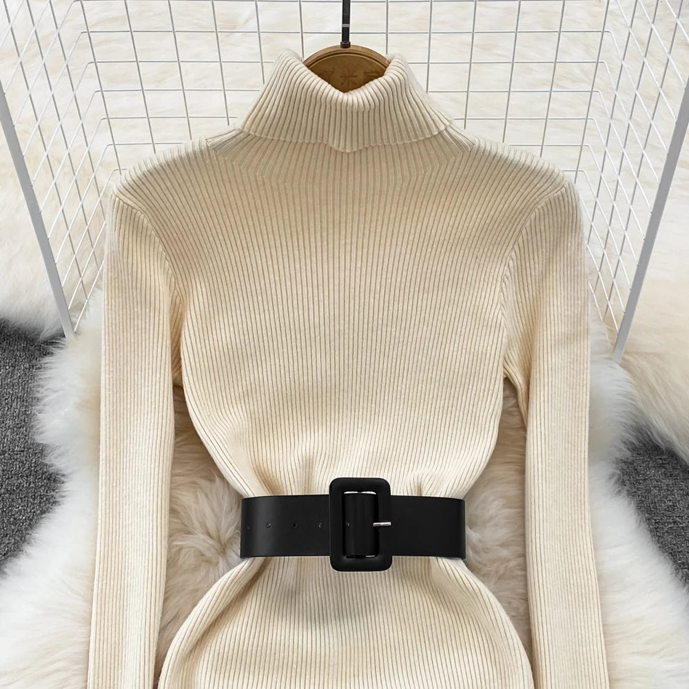 REALEFT Herbst Winter 2025, neue Rollkragen frauen Gestrickte Kleider mit Gürtel Langarm Elegante Bodycon Wrap Kleid Weibliche