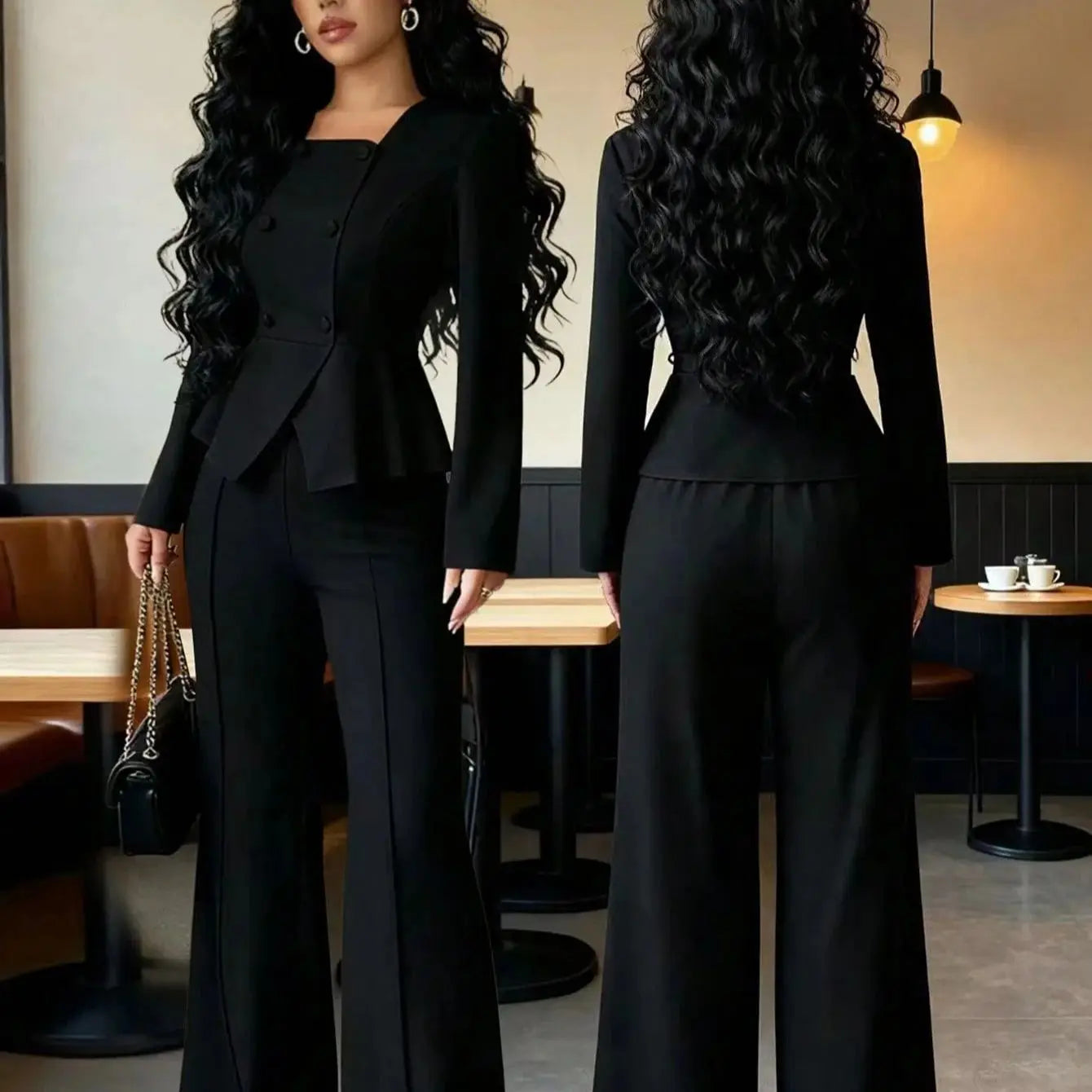 2026 Damen Business-Anzug, 2-teilig, Eleganter Zweireiher-Blazer mit eckigem Ausschnitt und Schößchen + High-Waist Schlaghose, Formelles Büro-Outfit