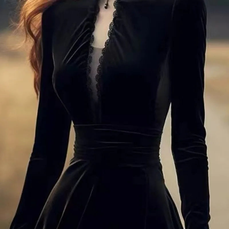 OCEANLOVE Herbst Winter Kleider für Frauen Hepburn Stil Vintage Solid Black Vestidos Mujer Stehkragen Elegante Lange Kleid