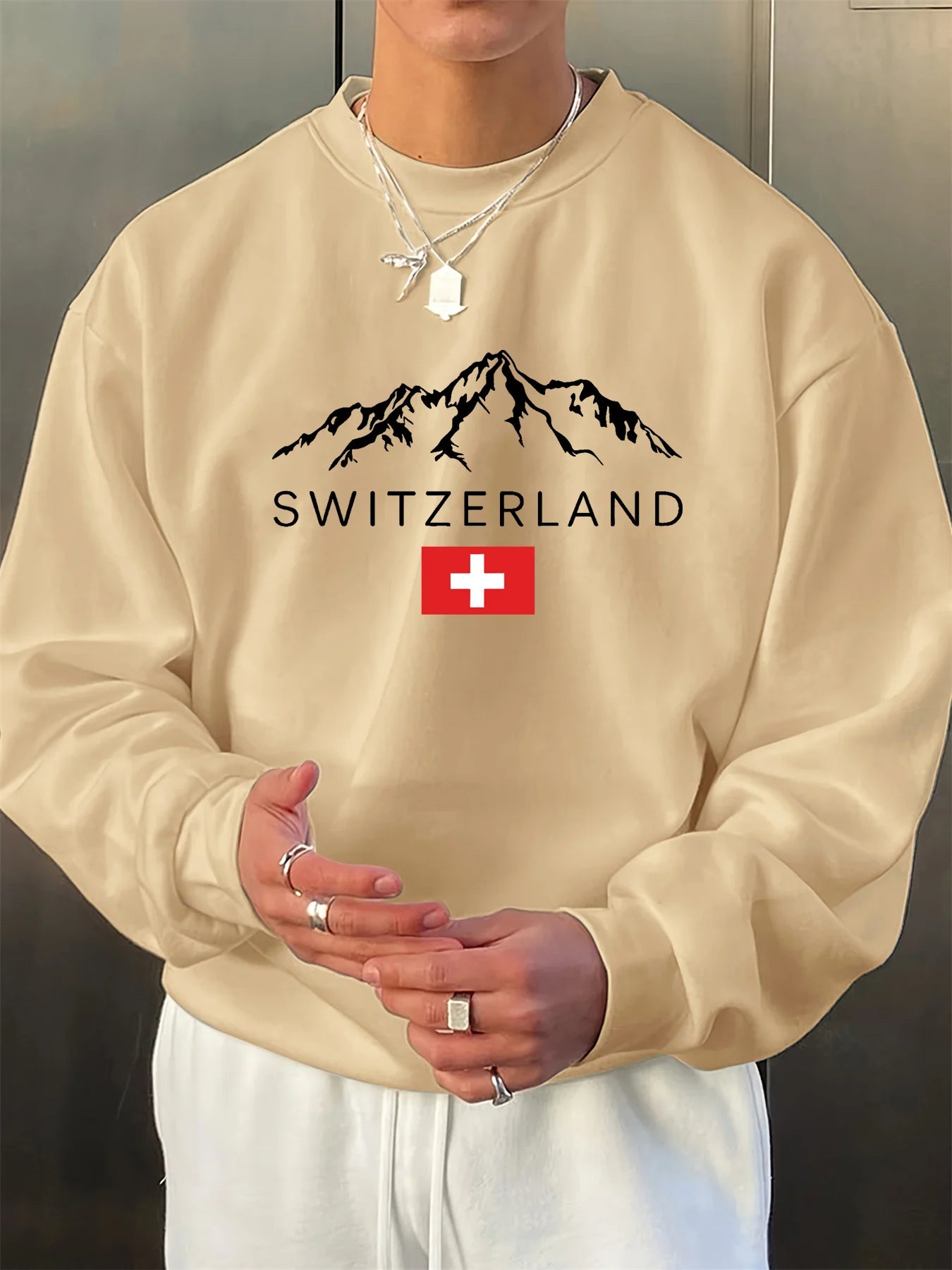 Men's autumn and winter fashionable casual loose SWITZERLAND graphic printed long sleeved round neck sweatshirt