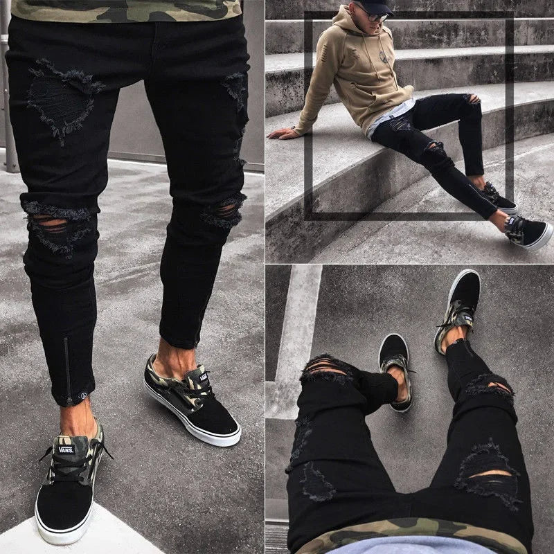 Herrenjeans Neue schwarze zerrissene Stretch-Reißverschluss-Trendhose für Männer
