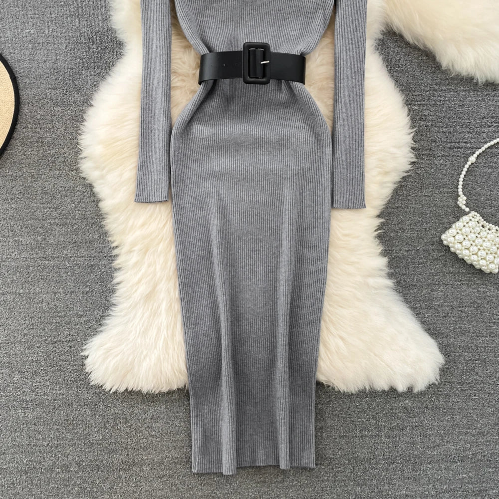 REALEFT Herbst Winter 2025, neue Rollkragen frauen Gestrickte Kleider mit Gürtel Langarm Elegante Bodycon Wrap Kleid Weibliche