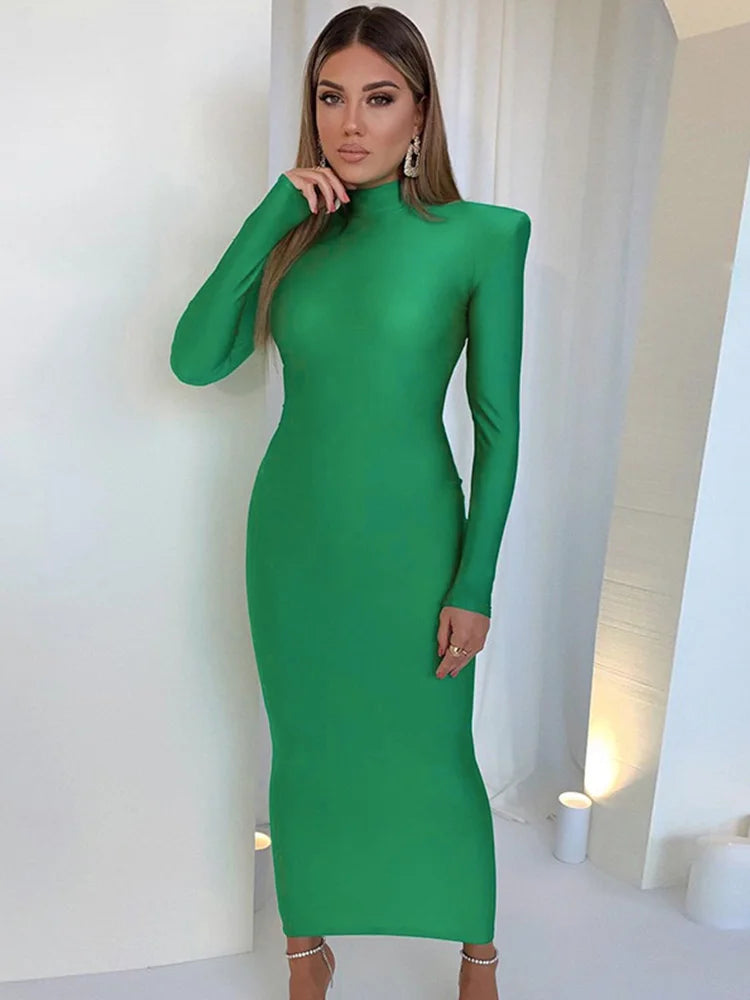 Schulter Gepolsterte Lange Hülse Bodycon Grün Party Club Maxi Lange Kleid 2024 Frühling Herbst Frauen Mode Elegante Kleidung