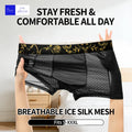 Herren Eisseide Boxershorts mit Goldblumenmuster am Bund, Atmungsaktive Unterwäsche, Schnelltrocknende Hautfreundliche Sport-Unterhose in Übergröße für den Sommer