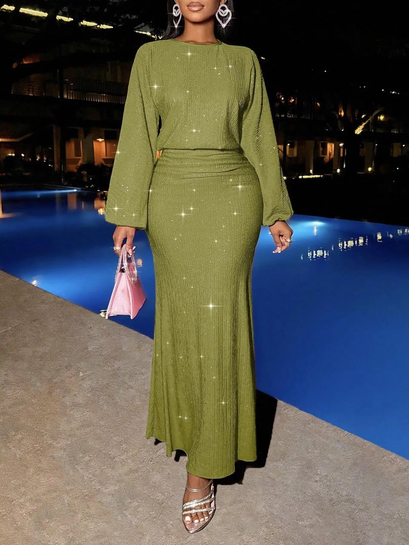 Elegantes, langärmliges Fischschwanzkleid mit Perlenverzierung und Falten für formelle Anlässe, Polyester-Lycra-Mischung, Sommer 2025,