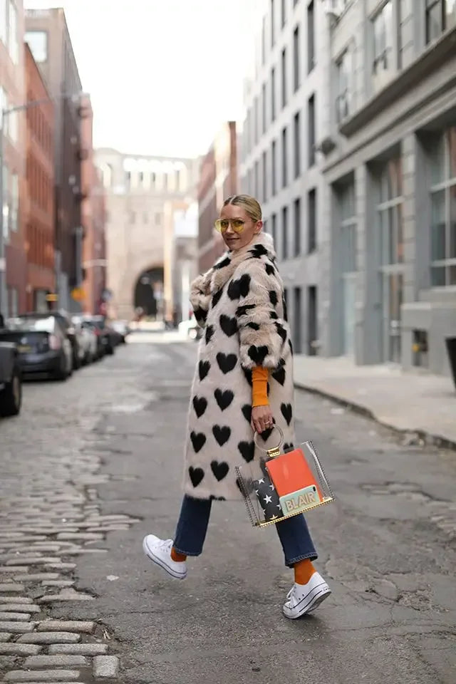 Winter Fashion Week Mode Lange Liebe Herz Muster Hohe Qualität Faux Fuchs Pelzmantel Frauen Jacke