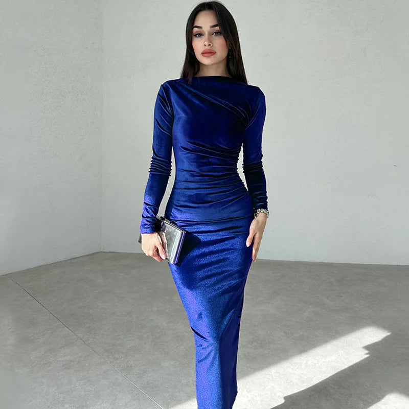 Dulzura 2024 Frühling Sommer Samt Langarm Midi Kleid Für Frauen Geraffte Lange Kleid Elegante Party Kleidung Abend Grün Outfits