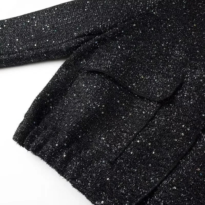 Damen Pailletten Bomber jacke fallen neue Rundhals ausschnitt Langarm Tasche Stretch Saum Pailletten Jacke Mantel weibliche schicke Oberbekleidung