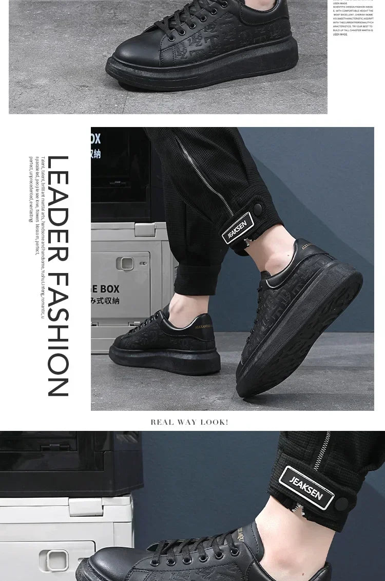 2025, neue Herrenschuhe, Frühling und Herbst, flache Sohlen, lässige Lederschuhe, Sportschuhe, schwarze und weiße Herren-Schuhe mit dicken Sohlen, atmungsaktiv