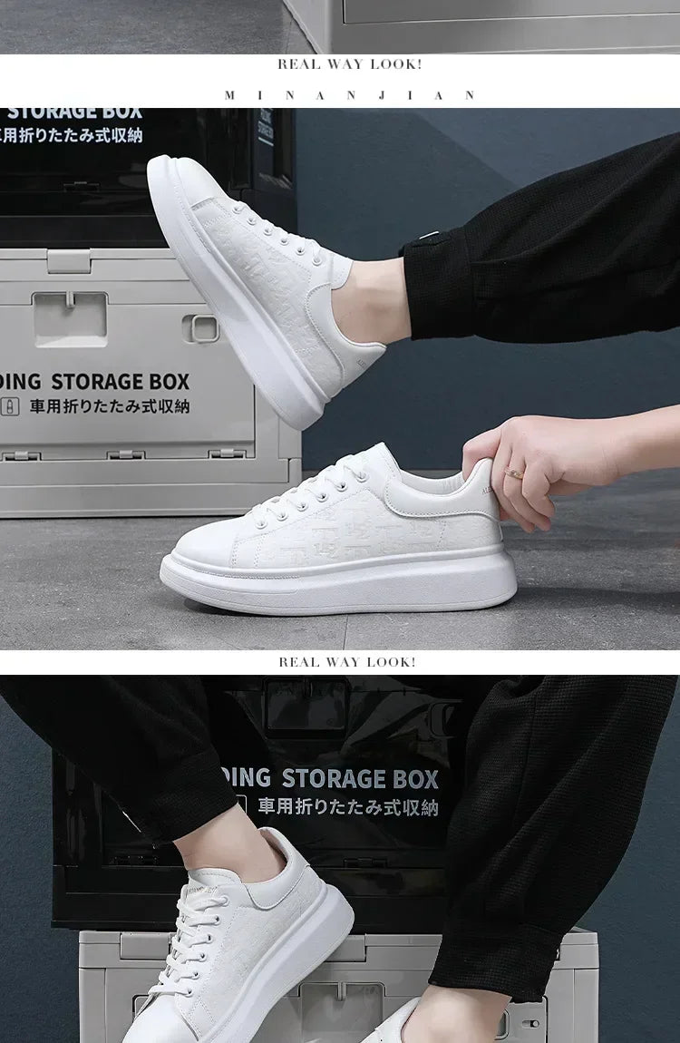 2025, neue Herrenschuhe, Frühling und Herbst, flache Sohlen, lässige Lederschuhe, Sportschuhe, schwarze und weiße Herren-Schuhe mit dicken Sohlen, atmungsaktiv