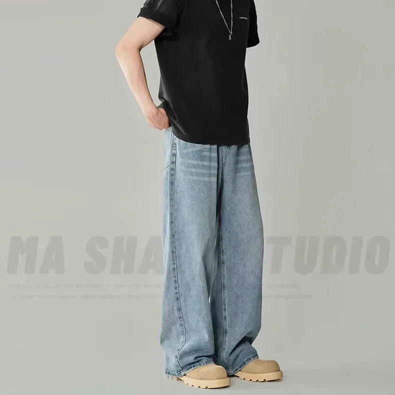 Frühling Herbst männer Neue Denim Hosen Alte Blau Gewaschen Casual Jeans Menwear Lose Neue Mode kontrast farbe Breite Bein Hosen
