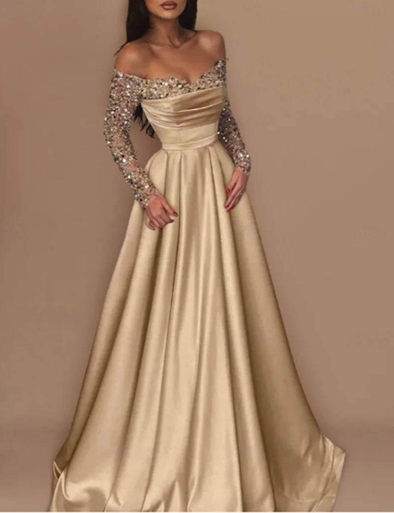 Langärmliges, glitzerndes Pailletten-Abendkleid 2026, formelles Party-Dinner, Bankett, Host-Kleider, elegantes, schulterfreies, bodenlanges Kleid