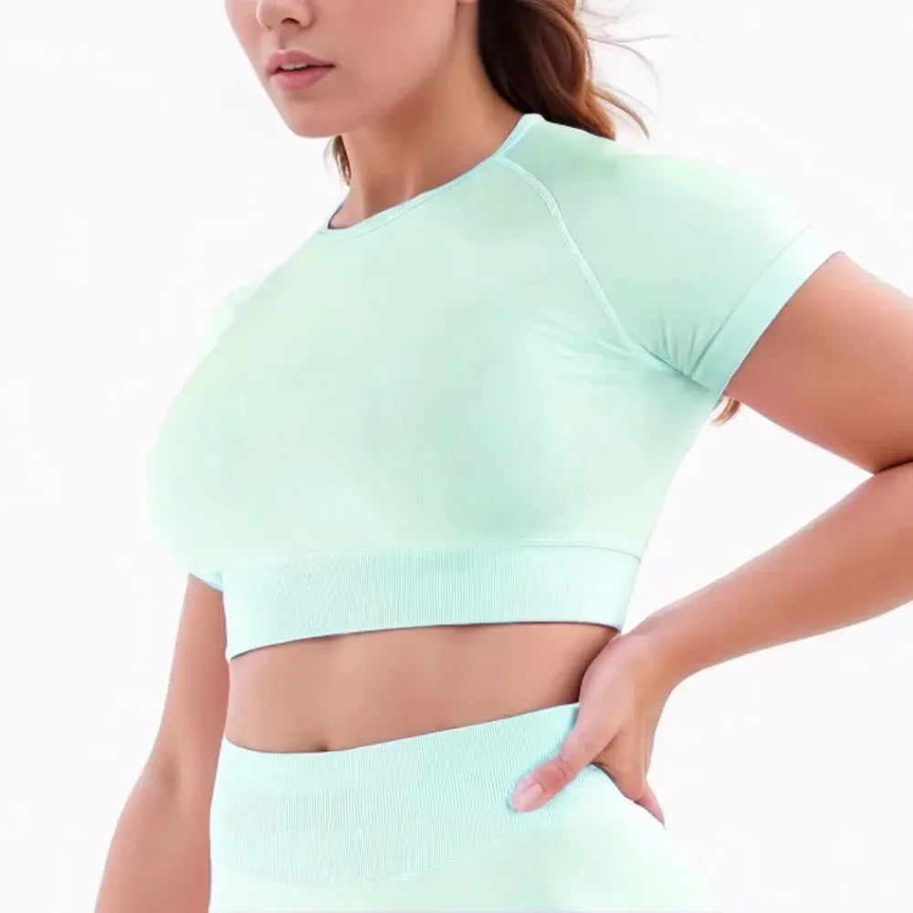 Sommer-Damen-Yoga-Top, einfarbig, kurzärmelig, mit freiliegendem Nabel, eng anliegend, Rundhalsausschnitt, für Fitnessstudio, Sport, kurzärmeliges T-Shirt