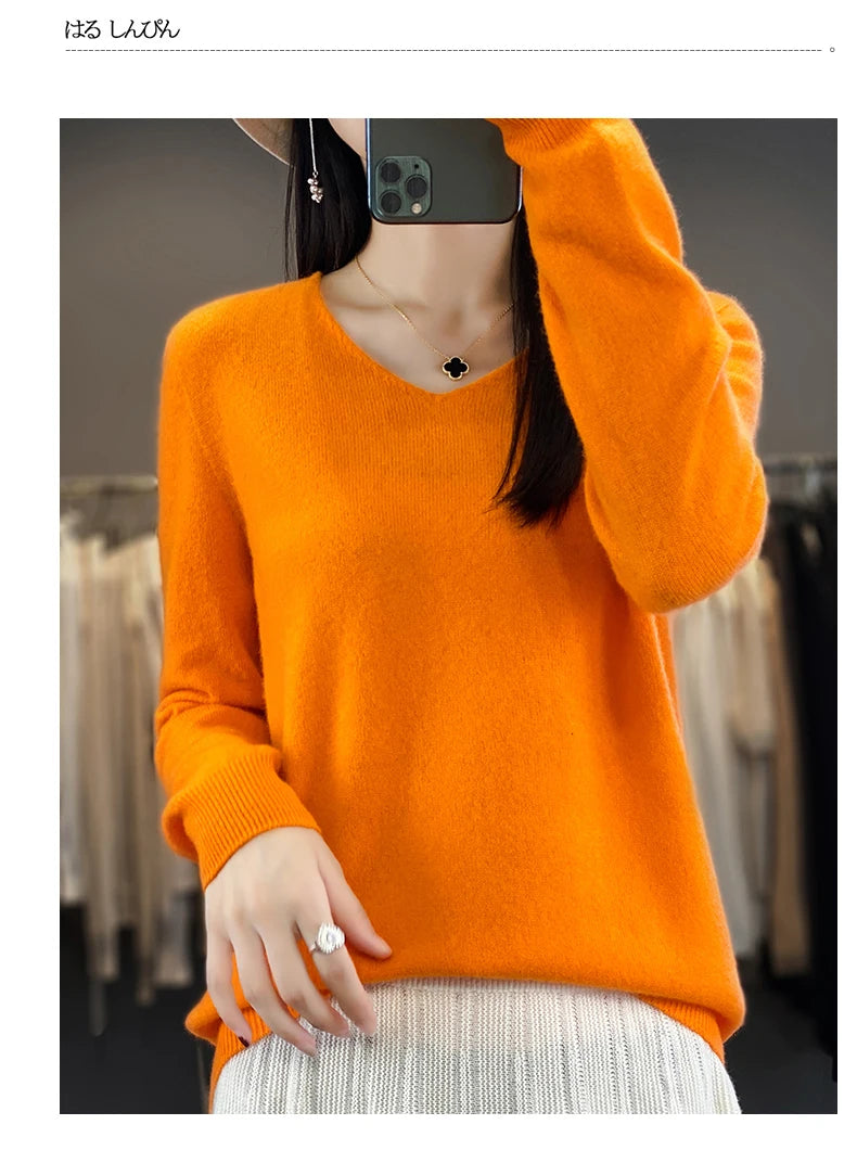 Frauen 100% Merinowolle Pullover V-Ausschnitt Basic Pullover Herbst Winter Kaschmir Kleidung Langarm weiche Strickwaren Tops einfarbig
