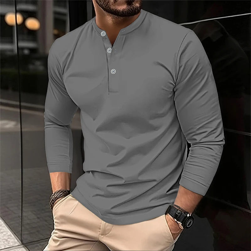 2025 männer Sommer Langarm Henry Polo Casual Atmungsaktiv Komfortable Polo-Shirt Solide Hohe Qualität Männliche T-Shirt Dropshipping