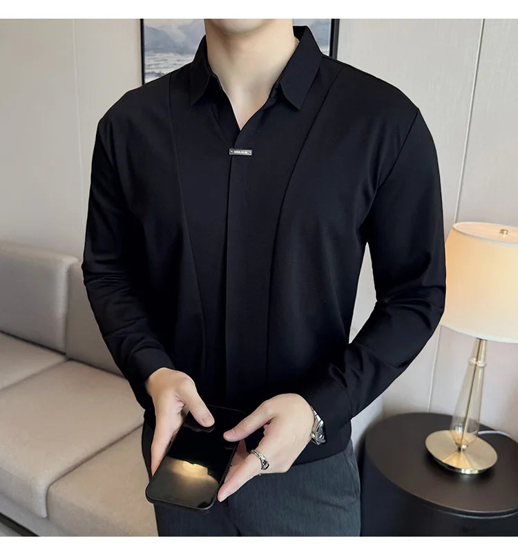 Herren-Poloshirt mit langen Ärmeln, 2026, Frühling, britischer Stil, einfarbig, elastisch, schmale Passform, T-Shirt, formelle Kleidung, Poloshirt, Herrenbekleidung