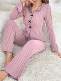 2-teiliges Damen-Pyjama-Set für Herbst und Winter, reine Farbe, elegante Schleife, einfache langärmelige Hose für Damen