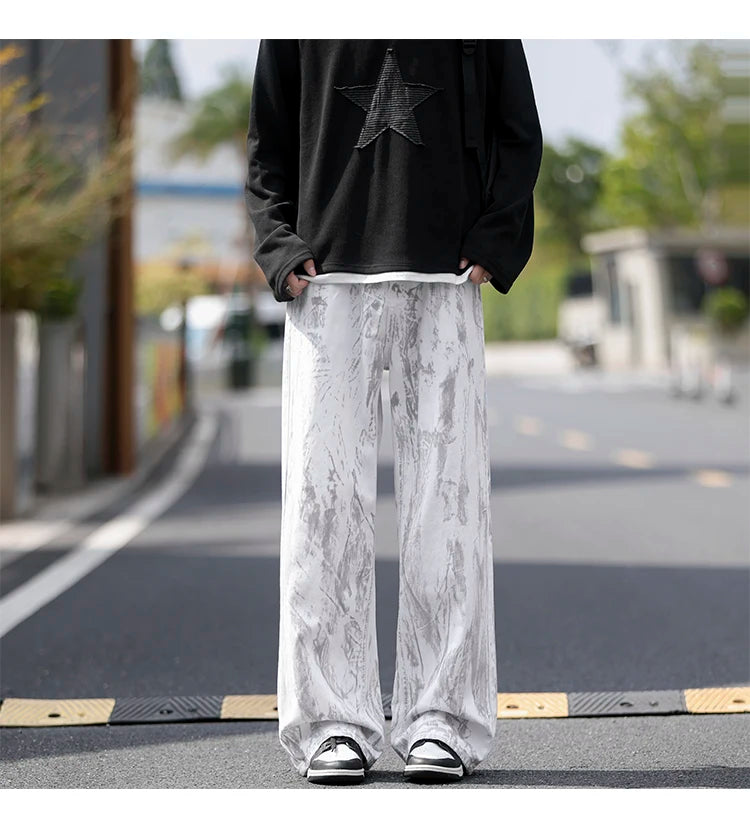Jeans Herren Klassische Jeans mit geradem Bein, weiße Batik-Denim-Hose, Unisex, modische Freizeithose, Streetwear, Hip-Hop-Stil, gewaschen