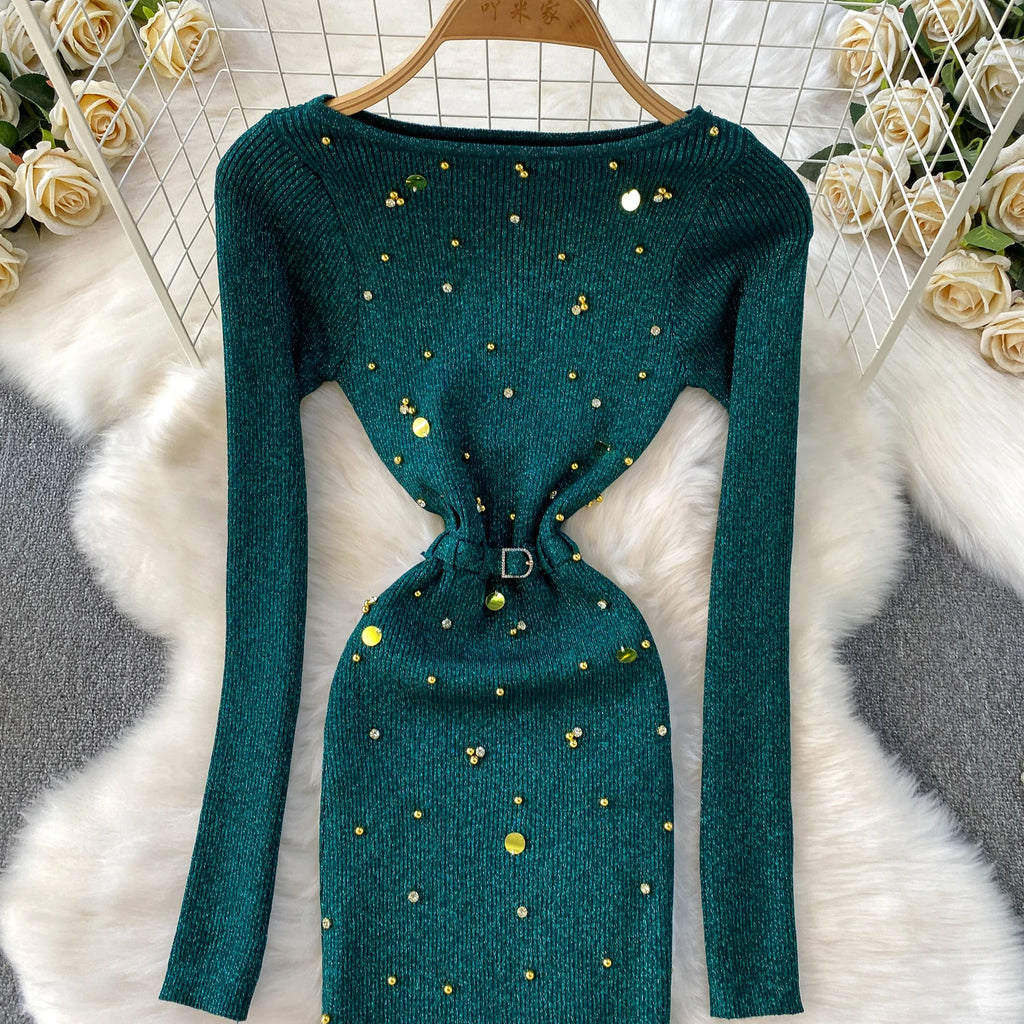 Schickes, sexy, elegantes, langärmliges, figurbetontes O-Ausschnitt-Kleid für Damen, koreanische Abendkleider für Modezeremonie