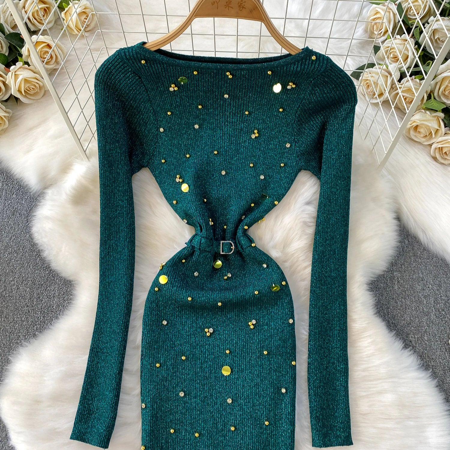 Schickes, sexy, elegantes, langärmliges, figurbetontes O-Ausschnitt-Kleid für Damen, koreanische Abendkleider für Modezeremonie