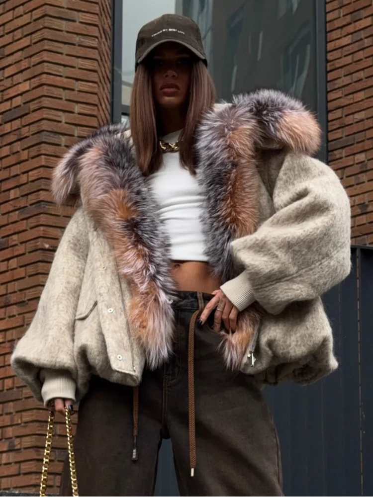 Gefärbter Pelzkragen, kurze Wolljacke für Damen, modisch, Revers, volle Ärmel, einreihig, Patchwork, lose Jacken, 2025, Winter-Outwear