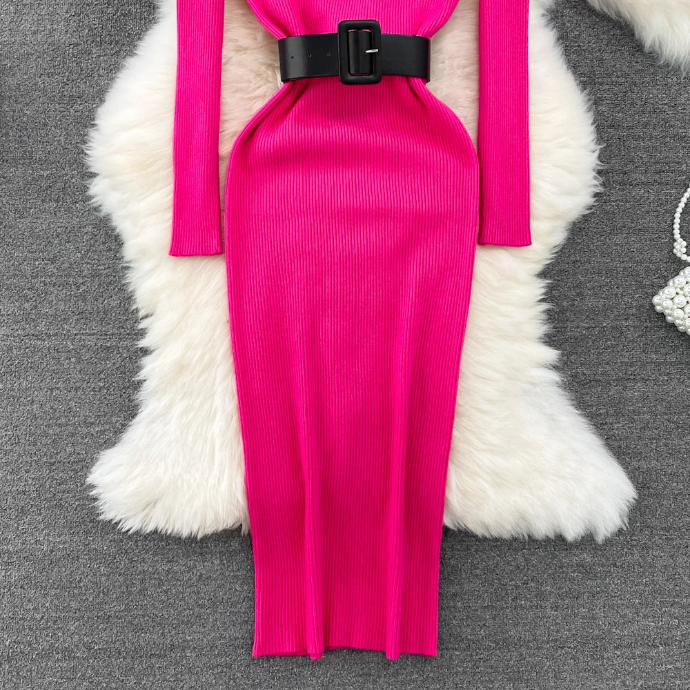 REALEFT Herbst Winter 2025, neue Rollkragen frauen Gestrickte Kleider mit Gürtel Langarm Elegante Bodycon Wrap Kleid Weibliche