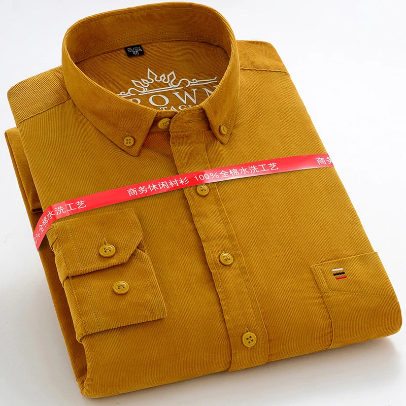 Neue Herrenhemden aus reiner Baumwoll-Cord, modisch, Business-Casual, bequem, extra Größe, einfarbig, langärmelig, Herrenbekleidung