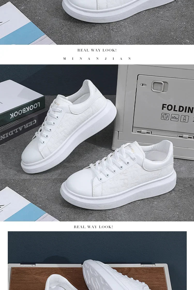 2025, neue Herrenschuhe, Frühling und Herbst, flache Sohlen, lässige Lederschuhe, Sportschuhe, schwarze und weiße Herren-Schuhe mit dicken Sohlen, atmungsaktiv