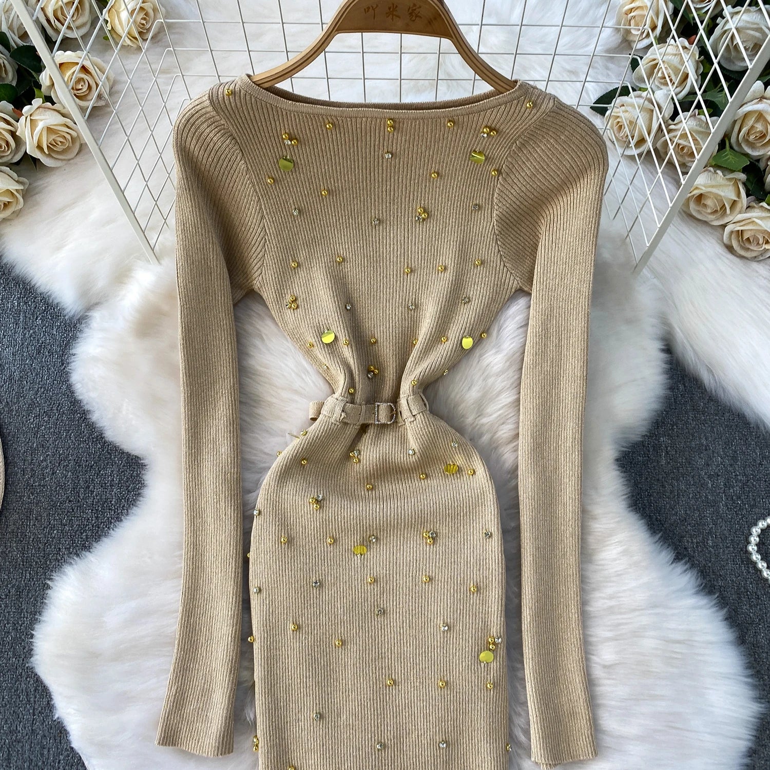 Schickes, sexy, elegantes, langärmliges, figurbetontes O-Ausschnitt-Kleid für Damen, koreanische Abendkleider für Modezeremonie